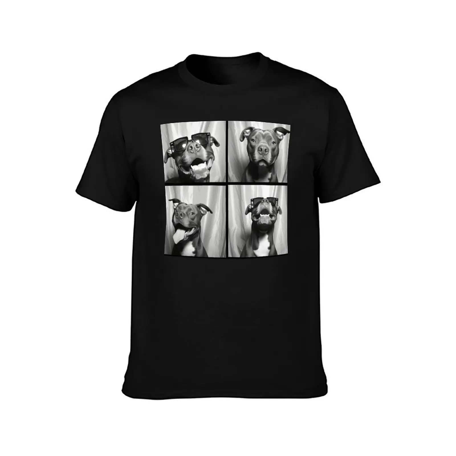 Funny Pitbull Photobooth Session Retro Vintage Black and White T-Shirt Casual Fashion Short Sleeve Cotton T-Shirt