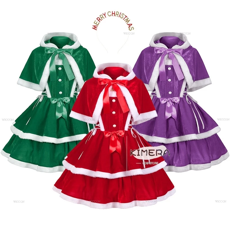 Bella festa di Natale Capodanno Abito in velluto Rosso Verde Decorazione per capelli Costume cosplay Vestiti Abito da Babbo Natale Abbigliamento Mantello da donna