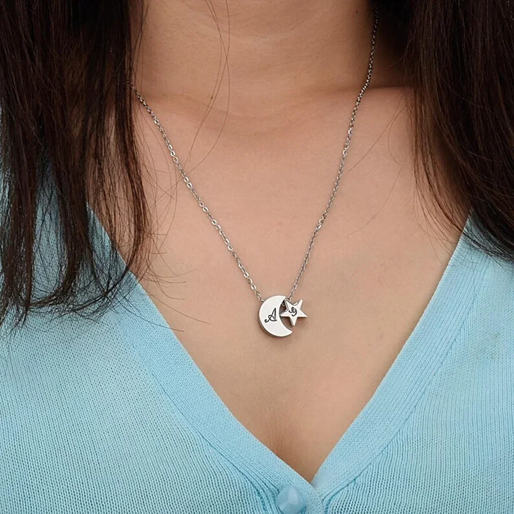 

CustomNecklaces Personalise Moon Star Engraved Double Letter Pendant Women Stainless Steel Couple Jewelry Valentine's Day Gifts