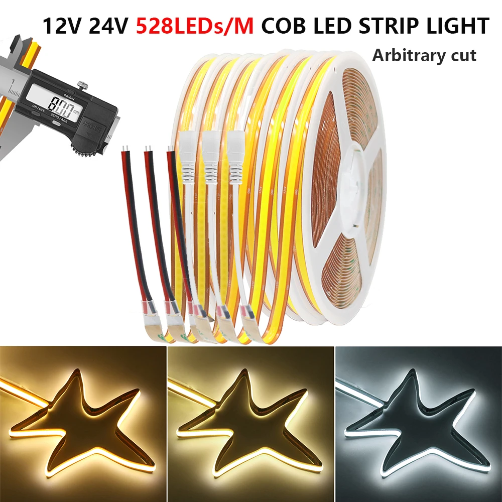 12V 24V COB LED Strip Light 528LEDs/m Cut Freely High Bright Flexible Tape 8mm PCB Linear Lighting 3000K 4000K 6000K Home Decor