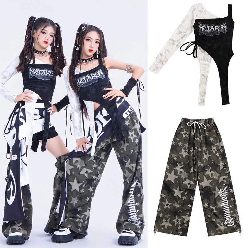 

2025 Children Modern Jazz Dance Costumes For Girls Black Vest Loose Pants Kpop Outfits Kids Hip Hop Dance Rave Clothes XH3817