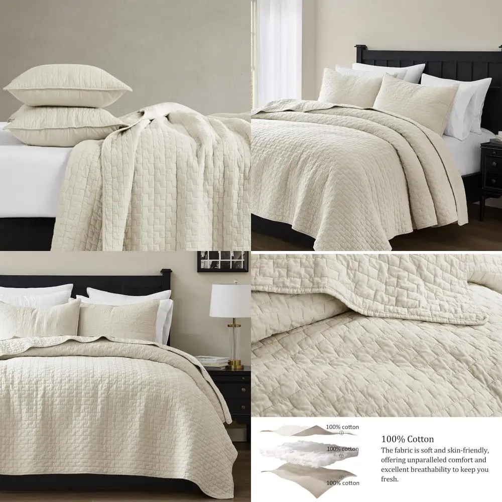 

Комплект хлопкового стеганого одеяла размера Queen с 2 наволочками, легкое текстурированное покрывало, покрывало в стиле шебби-шик для всех сезонов, комплект постельного белья из 3 предметов