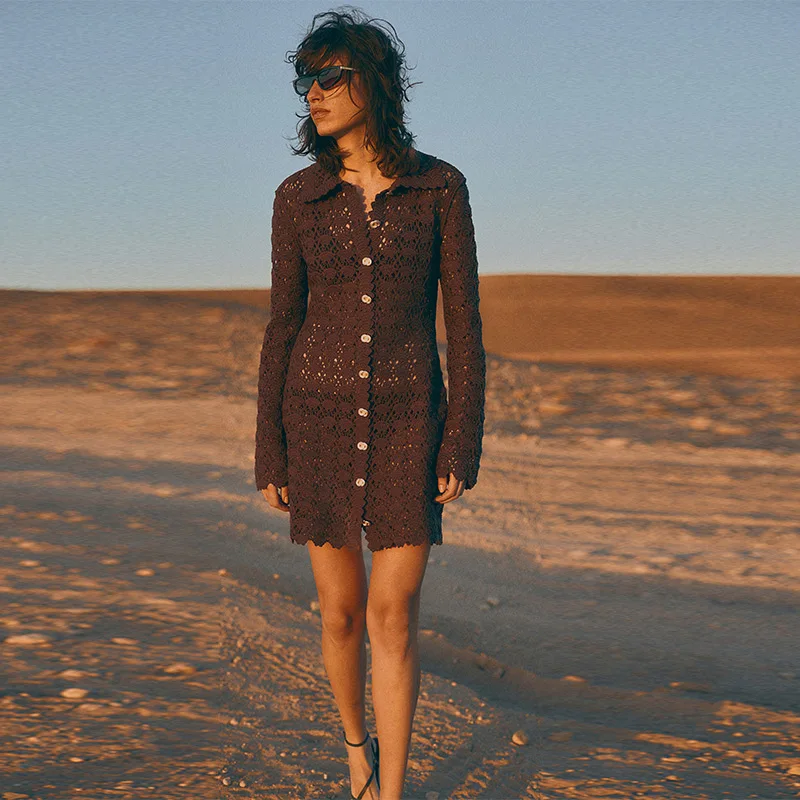 

Summer Y2k Hollow Out Lapel Mini Dress Brown Long Sleeve Breasted Slimming A-line Vestdios 2025 New Women High Street Clothing