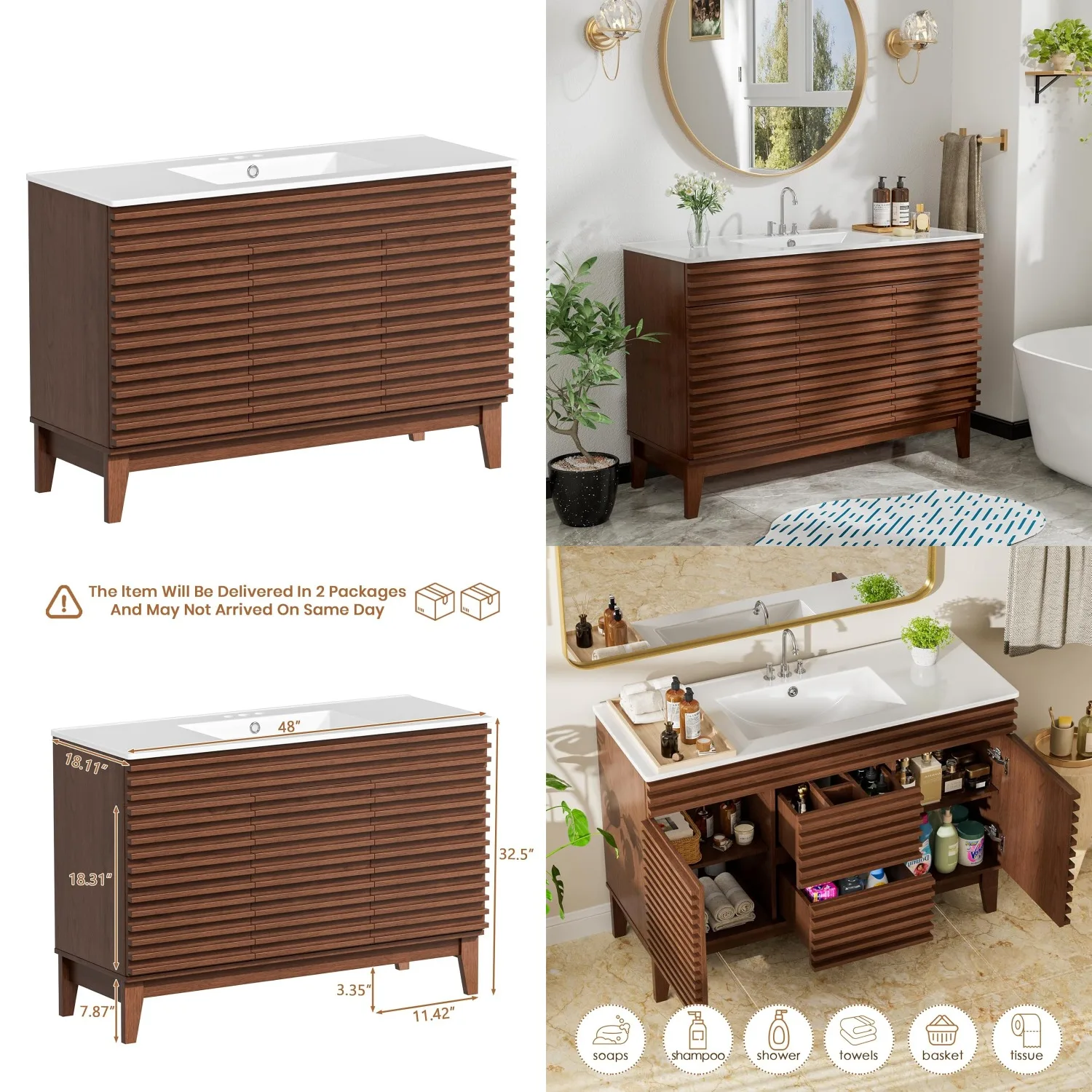 

48" Mid-Century Freestanding Bathroom Vanity Sink, Undermount Ceramic, Storage Cabinet, Walnut Laminate, Customized
