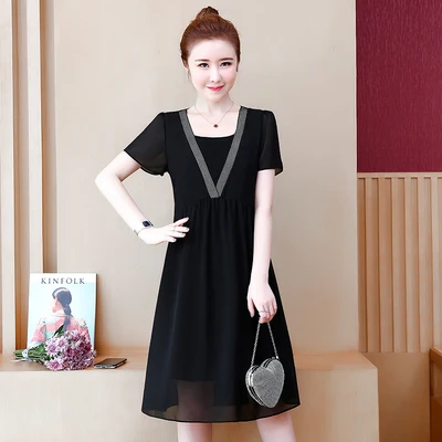 

Summer 2024 New plus Size Women's Chiffon Dr Belly Covering Slimming Faionable Dres for Plump Women V-Ne ort Sve