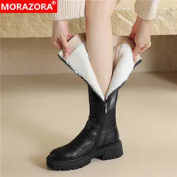 MORAZORA Size 34-43 New Genuine Leather Boots Women Round Toe Knee High Boots Black Brown Thick Fur Warm Winter Boots Lady Shoes