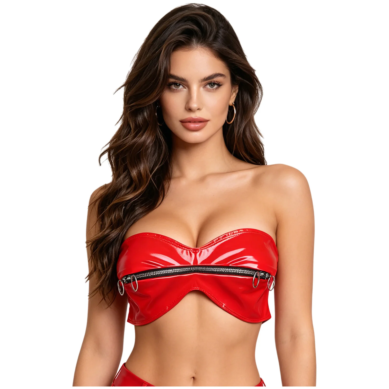 Womens Strapless Zipper Bustier Crop Top Glossy PU Bandeau O-ring Strapless Tube Bra Bralette Mini Corset Top Nightclub Costume