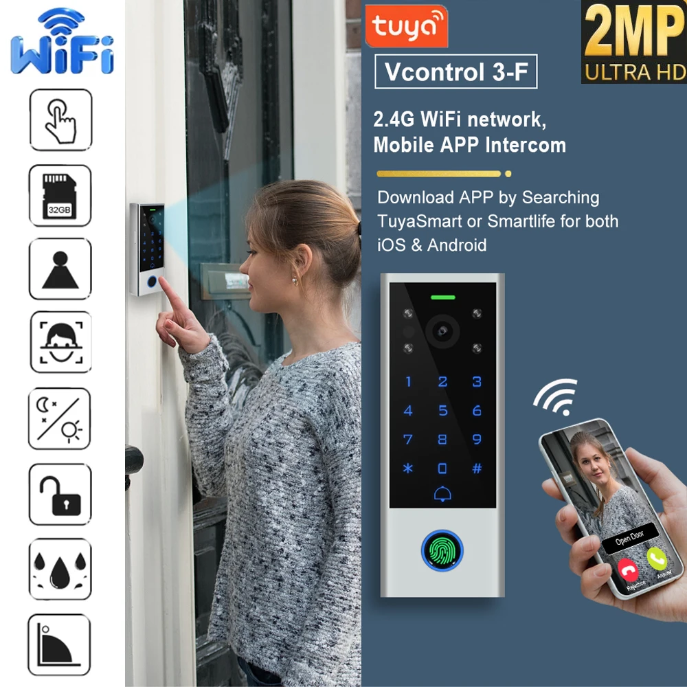 

1000 Users Touch keypad 1080P HD Lens 2.4G WIFI Fingerprint Access Control Video Intercom PIN Cards Tuya APP for iOS Android