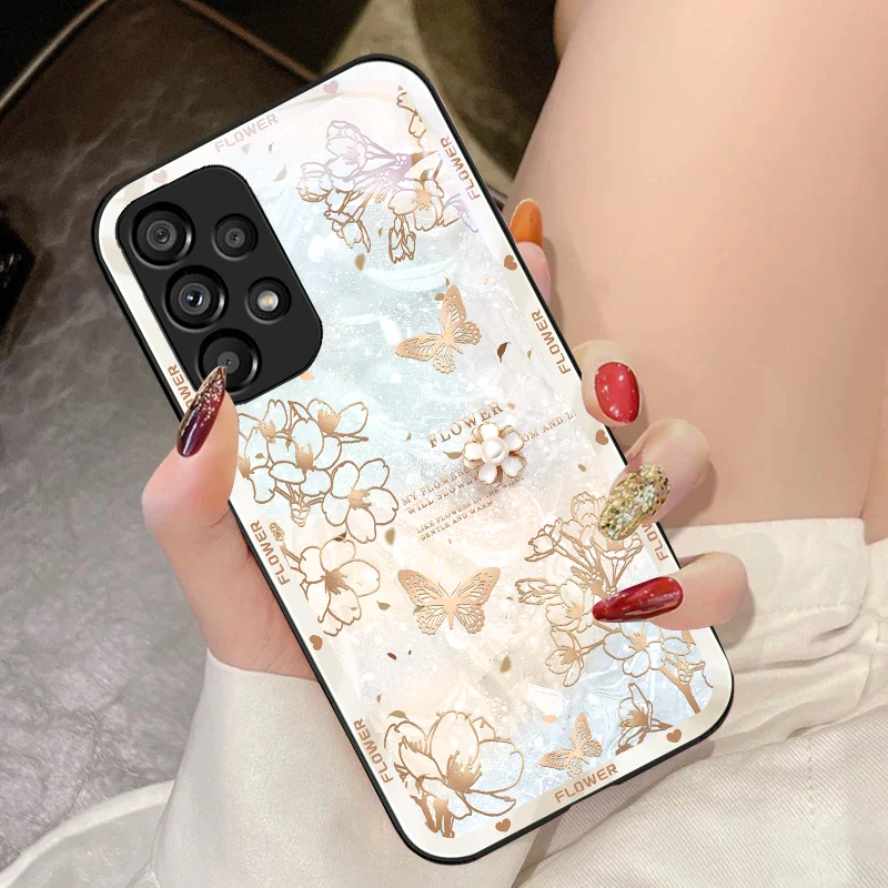 Crystal Flower Pink For Samsung Galaxy S10 4G S20 11E 30 S21 21Fe 22 S24 Pro S23 Ultra 5G S8 S9 Tempered Glass Phone Case