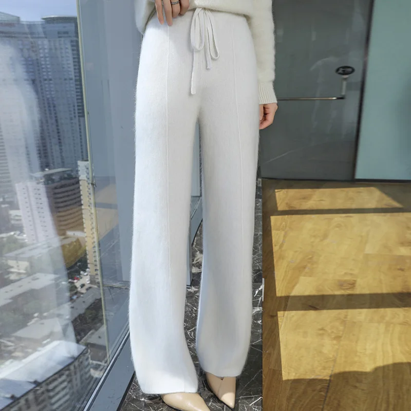 100% mink cashmere women's wide leg pants autumn and winter new fashion light luxury knitted casual straight leg pants