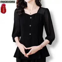 Square Neck Top 2024 Office Women European Fashion Elegant Button Sheer Black Shirt Casual Tunic Belly Peplum Tops And Blouses