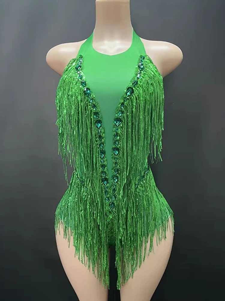 

High Quality Rhinestone Sequins Tassel Sexy Hanging Neck Elastic Jumpsuit 2025 New Fashion Custom Women'S Clothing
