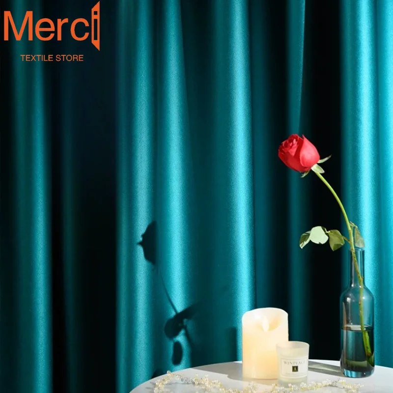 Simple Solid Color Glossy Texture Blackout Luxury Curtains for Living Dining Room Bedroom Custom Size Elegant Decoration Drapes