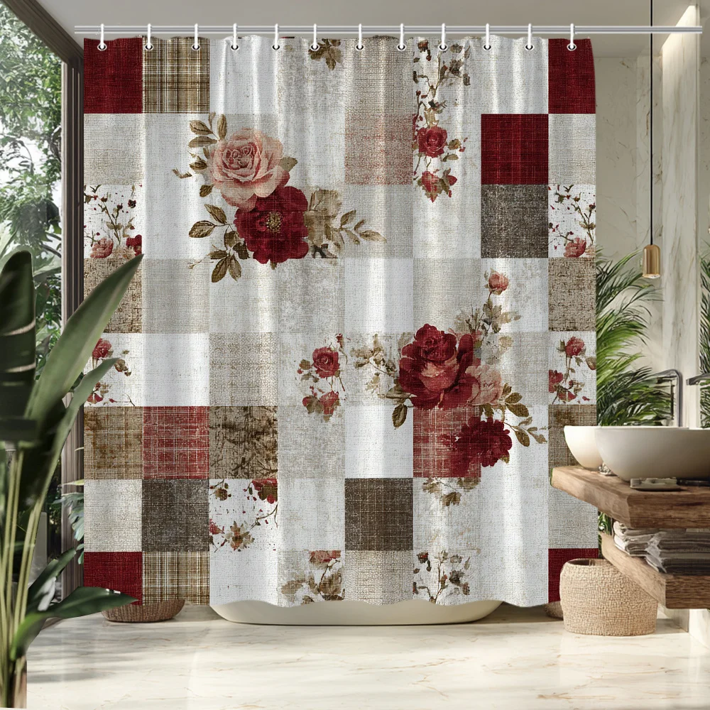 

1 шт. 2D плоская винтажная шторка для душа с цветочным узором, в стиле рустик, с узором из лоскутной ткани с розами, декор для ванной комнаты, разделитель для ванны, подвесная шторка 70.8x70.8
