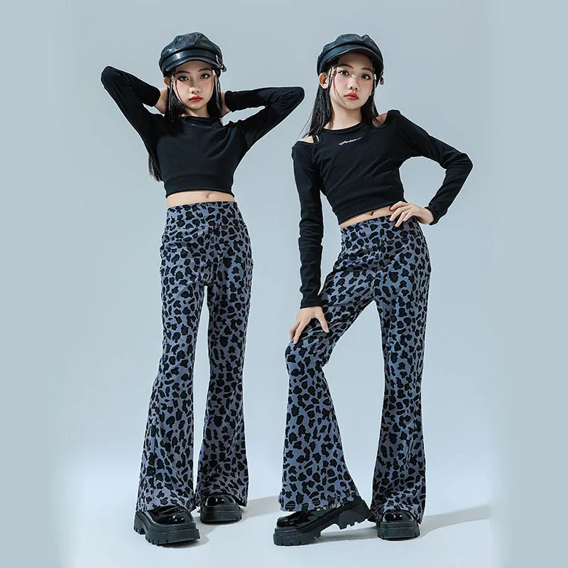 

Kid Hip Hop Clothing Black Cold Shoulder Crop Top Long Sleeve T Shirt Blue Leopard Flared Pants for Girls Dance Costumes Clothes