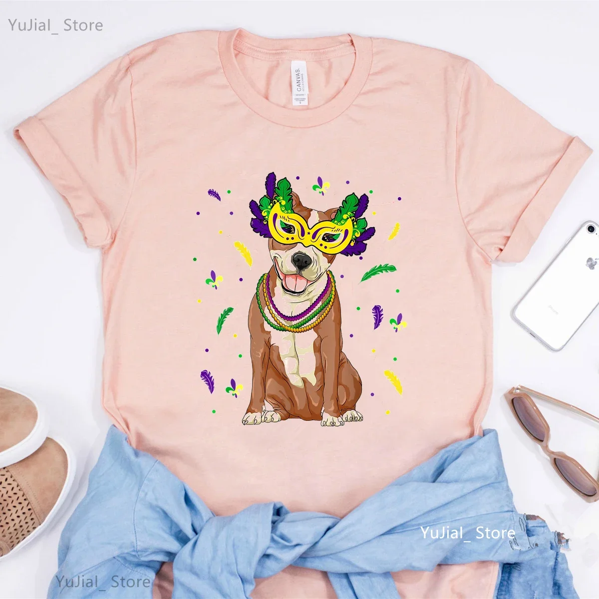 Pitbull Mardi Gras Pit Bull Dog Animal Print T Shirt Girls Terrier/Corgi Tshirt Women'S Clothing Summer Tops Tee Shirt Femme