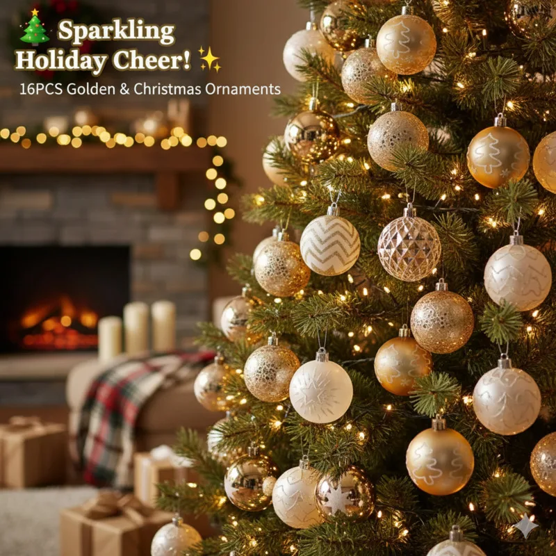 

3D Ball DIY 16 Champagne Christmas Ball Decorations European Style Painted Christmas Ball Set Christmas Tree Pendant Gifts New