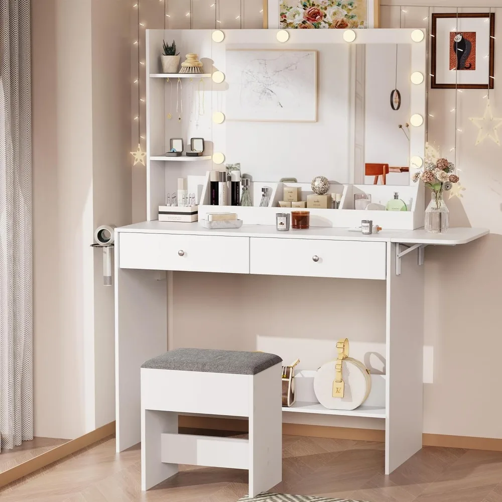 Makeup table with mirror and 10 LED lights, 2 drawers and shelves, adjustable with 3 lighting modes