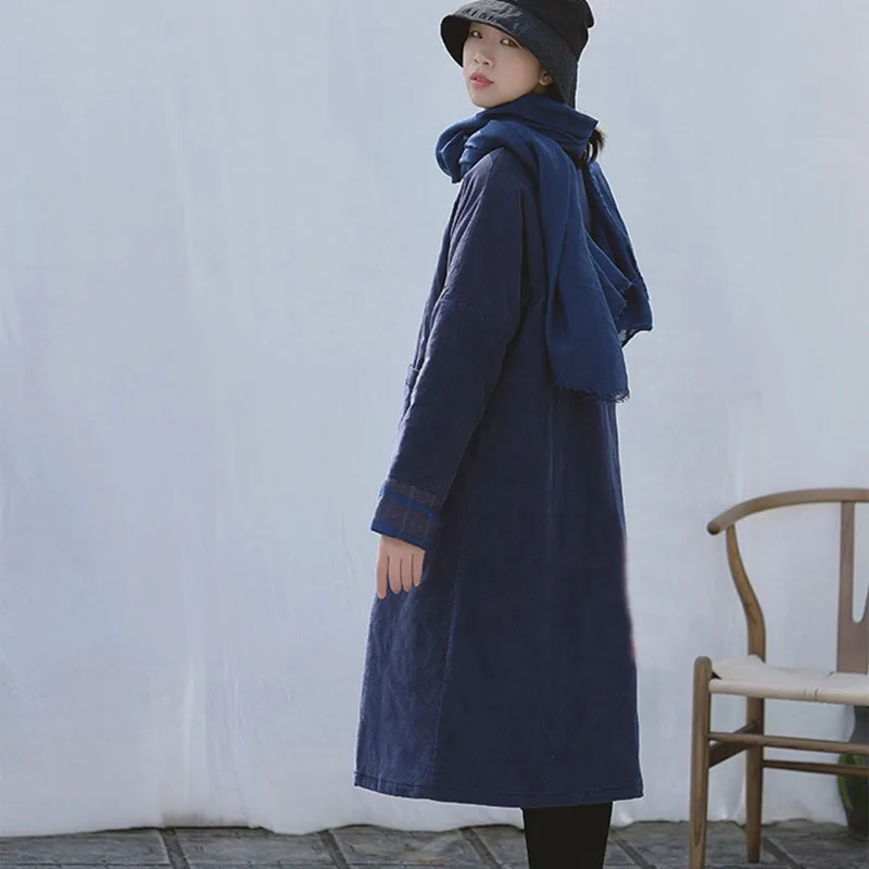 Китайская зимняя вельветовая удобная теплая куртка с хлопковой подкладкой, женское хлопковое пальто в стиле ретро с зажимом на пуговицах, свободная длинная верхняя одежда, пальто