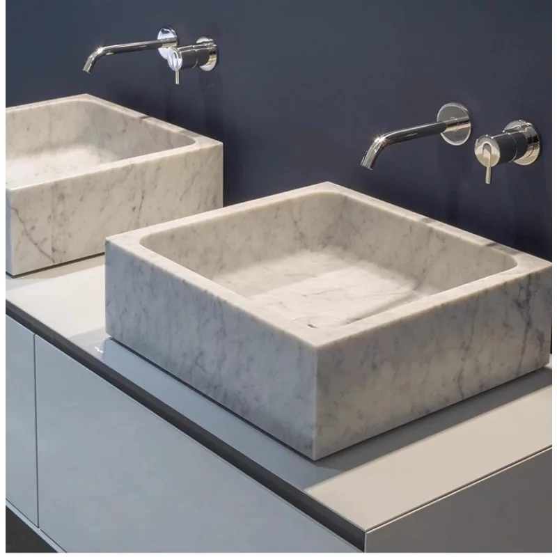 

100% Natural Marble Nordic Minimalist Luxury Square Vessel Sink for Home & Villa Bathroom