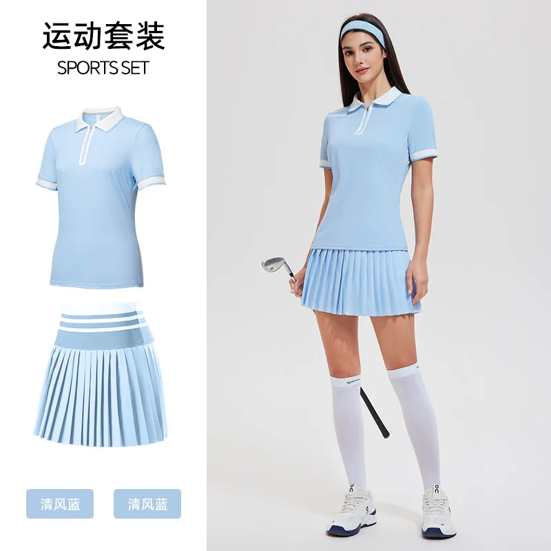MAQVOB EU US Size Top Quality Summer Sports Suit Top Women's Golf Shirt Slimming Breathable Fitness Tops Skirt Set