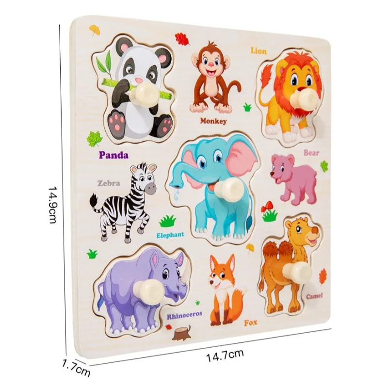 Montessori Wooden Puzzles for Children Animal Fruit Hand Grab Board Cognition Jigsaw Puzzle Game Learning Educational Toys