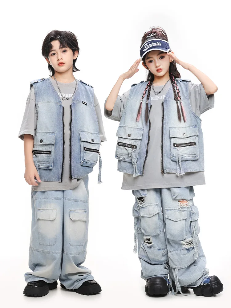 Hip hop meninos camiseta retro denim colete rasgado jeans meninas streetwear calças de carga crianças roupas de dança rua crianças traje palco
