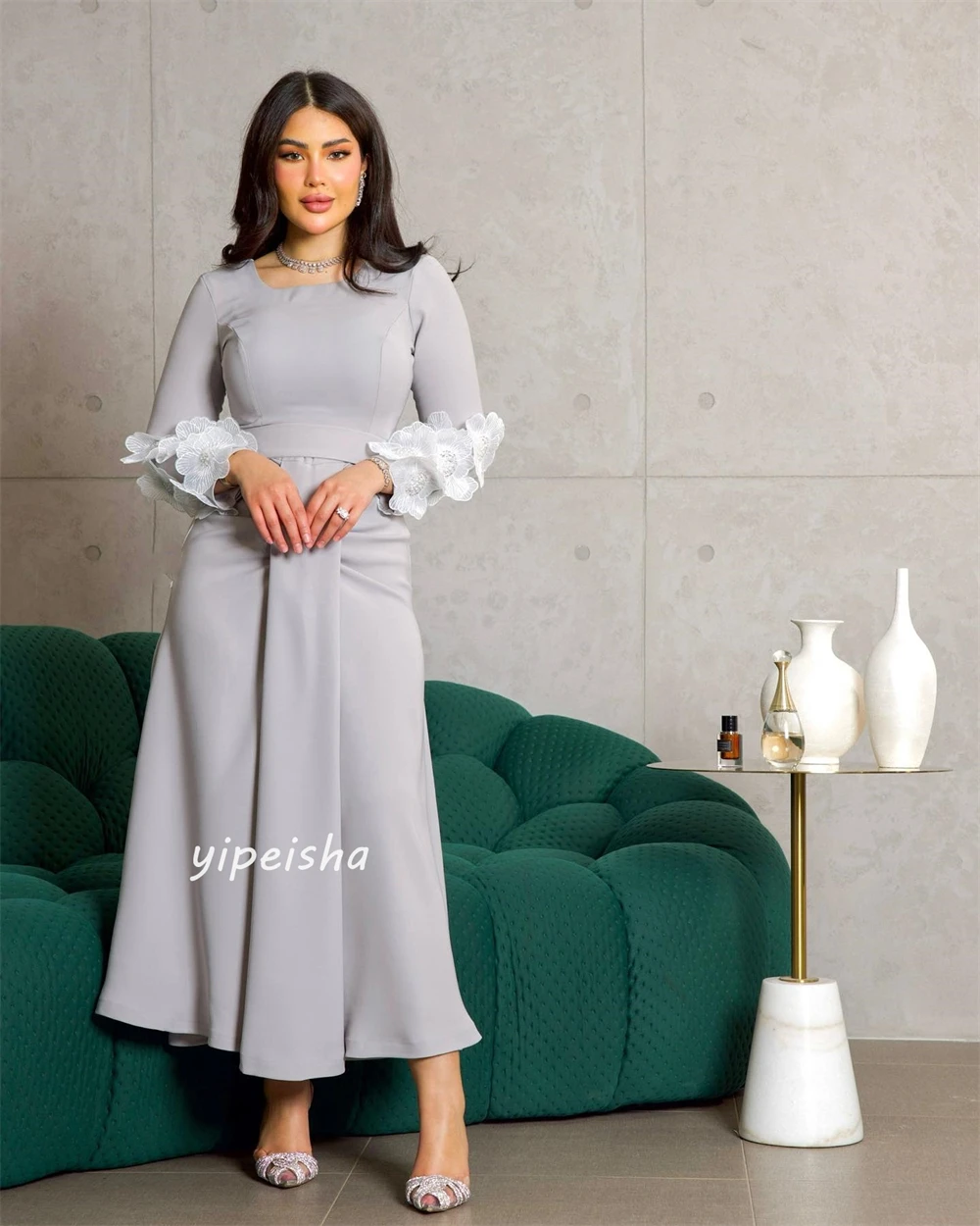 Ball Dress Jersey Flower Draped Pleat Wedding Party A-line Square Collar Bespoke Occasion Gown Midi Dresses Saudi Arabia Evening