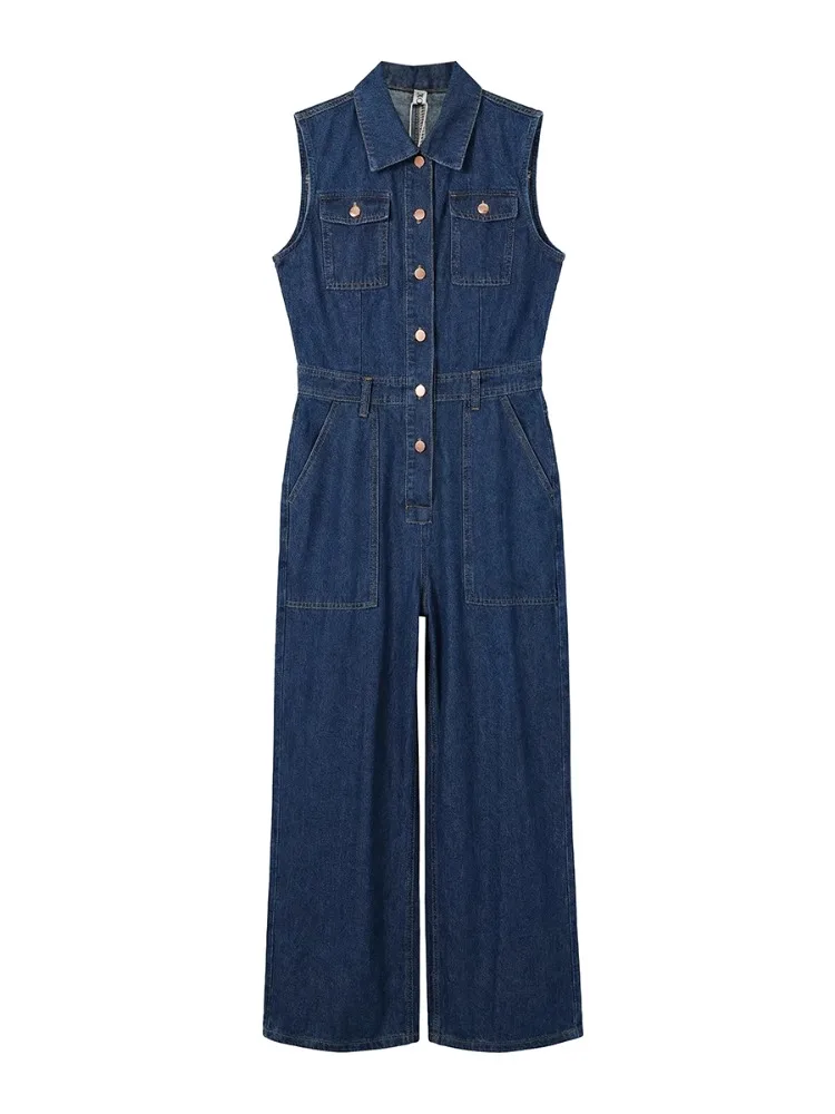 

Uoozee Female Trendy Casual Daily Denim Lapel Jumpsuit 2026 New Sleeveless Buttoned Pocket Loose Streetwear Wide Leg Romper
