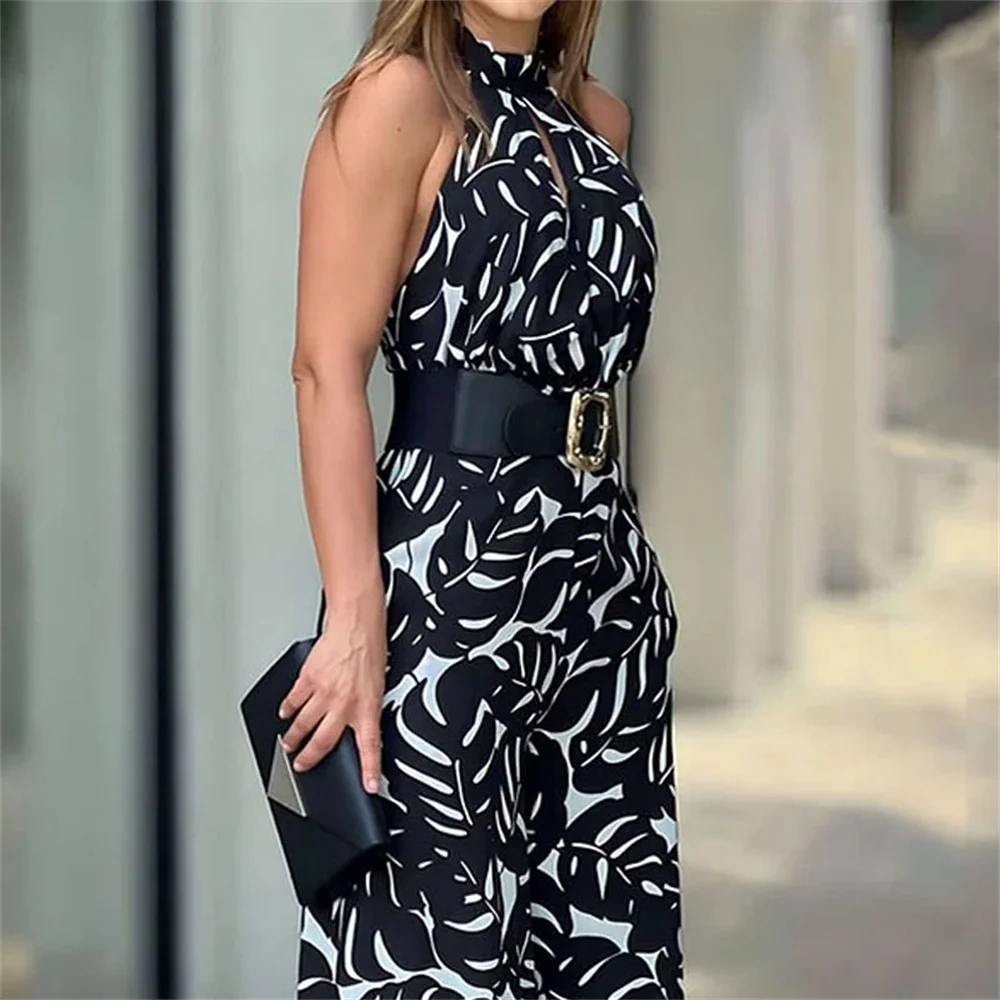 Women Print Halter Jumpsuit Summer Sleeveless Nipped Waist Loose Hollow Out Backless Wide Leg Romper Mujer High Streetwear