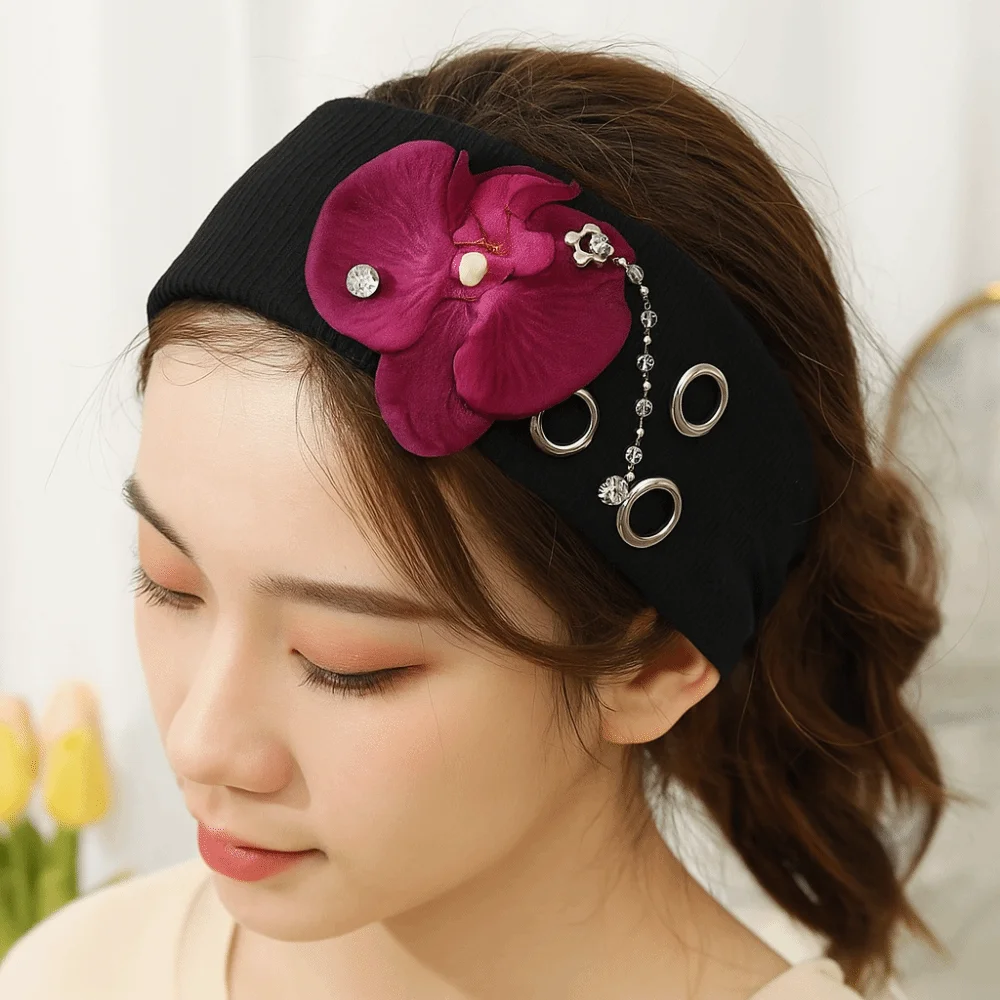 새로운 다목적 펑크 머리띠 높은 탄성 구멍 헤어 스트랩 짠 구멍 디자인 금속 락 머리띠 하이틴 액세서리