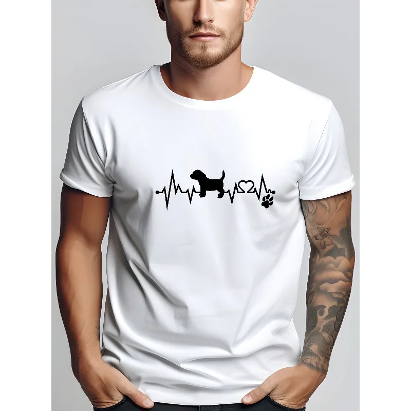 

Men's Casual Loose Quick Drying T-shirt with Paw and Dog Print, Round Short Sleeved T-shirt, Heartbeat Print, Summer
