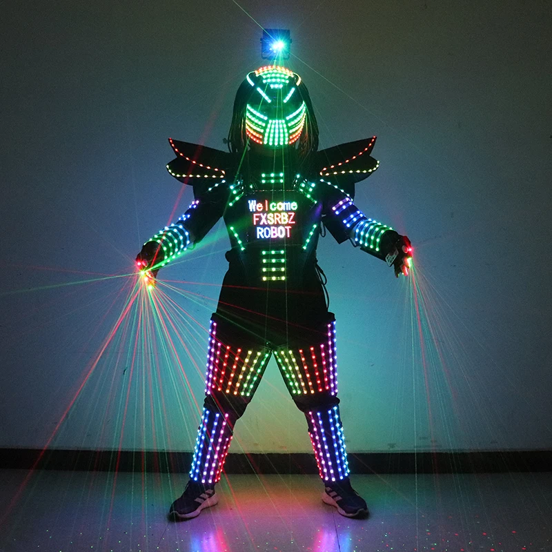 Pixel a colori LED Costume da robot Vestito da ballo di scena LED Giacca luminosa Abbigliamento Abbigliamento da prestazione Casco laser con guanti laser