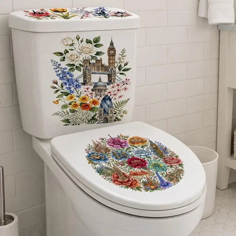 Waterproof Floral Toilet Sticker Self-Adhesive Removable Bathroom Wall Toilet Lid Decal for RV Camper Restroom