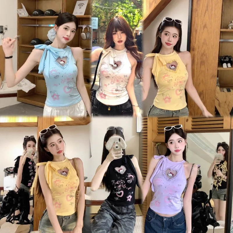 

Cute Cartoon Cat Print Camisole Top High-Value Kawaii Graphic Spaghetti Strap Tank Casual Summer Streetwear for Women Gift