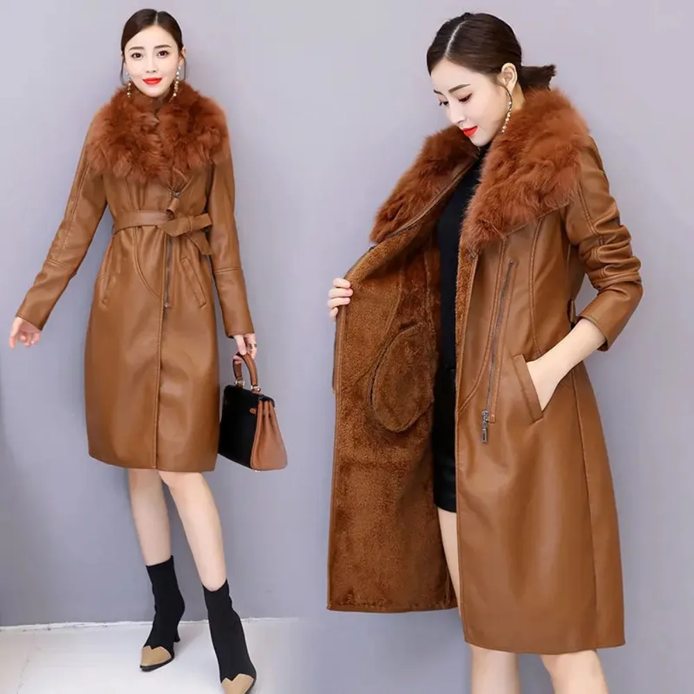 PU Leather Fur Collar Winter Coat Women Solid Adjustable Waist Mid-Length Slim Jacket 2025 New Fashion Lady Casual Warm Outwear