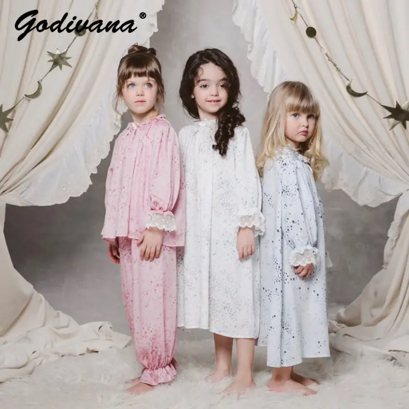 High-end Little Girls Star Print Rayon Satin Pajama Sets Kids Long Sleeve Thin Breathble Nightgown Lace Loose Princess Sleepwear