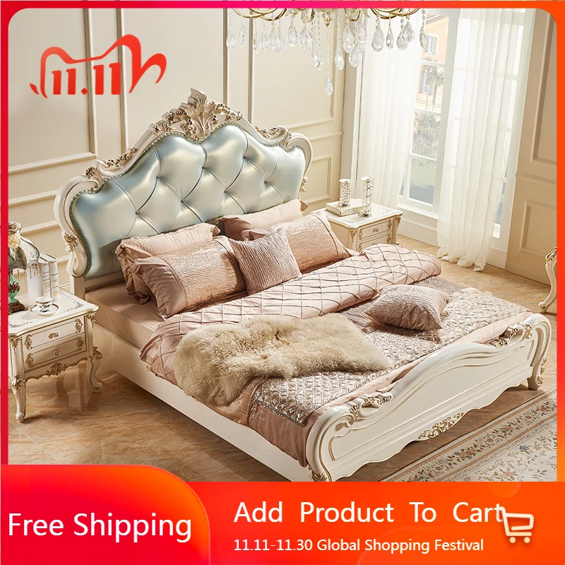 

Solid Wood European Bed Double Leather Aesthetics Sleeping Princess Bed Art Design Frame Sleeping Letto Matrimoniale Furniture