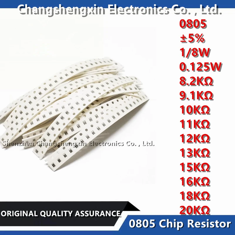 0805 SMT 칩 저항기 공차 ± 5% 1/8W 저항, 8.2KΩ 9.1KΩ 10KΩ 11KΩ 12KΩ 13KΩ 15KΩ 16KΩ 18KΩ 20KΩ, 100 개