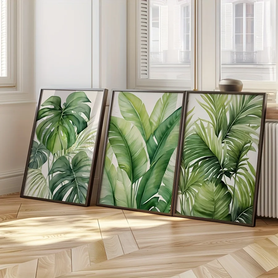 مجموعة مكونة من 3 قطع، بدون إطار، طباعة أوراق ألوان مائية استوائية، لوحة جدارية نباتية، موز، مونستيرا، ملصق أوراق النخيل، ديكور غرفة المعيشة، #1