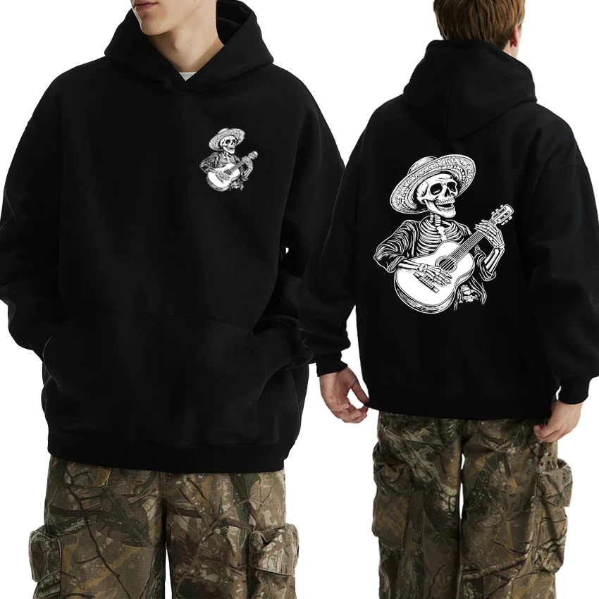 

Guitar Player Skull Skeleton Gift Double Sided printed Black streetwear Men women hip hop Casual Hoodies Unisex Fleece pullovers