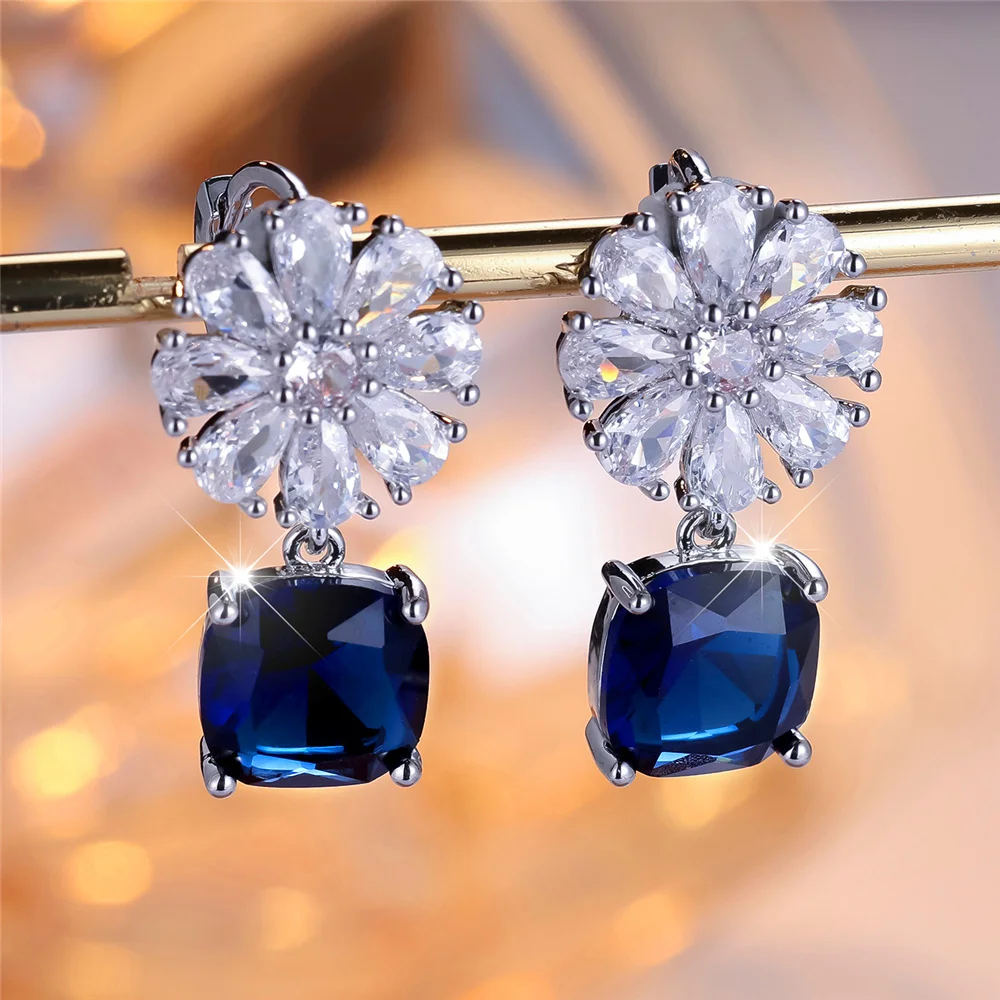 Cute Female White Blue Stone Snowflake Square Stud Earrings Silver Color Zircon Wedding Jewelry For Women