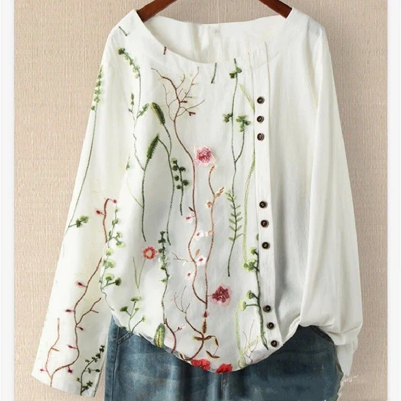 

Pregnant Women Embroidered Cotton Linen Shirt Women's Spring and Autumn Round Neck Vintage Long Sleeve Top Maternity Top LF042