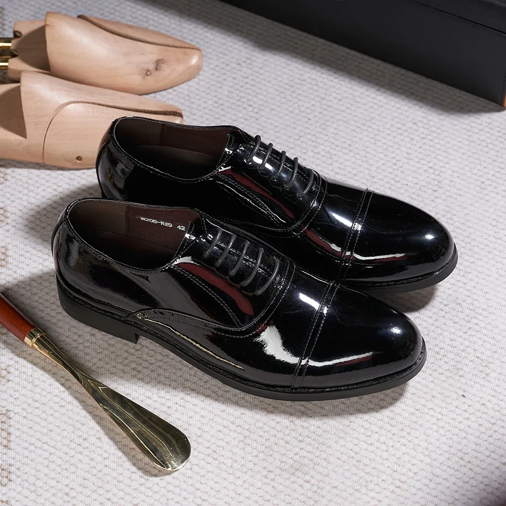 Luxury Mens Oxfords Genuine Patent Leather Solid Cap Toe Wedding Party Dress Shoes for Men Lace-Up Career Office Formal Footwear