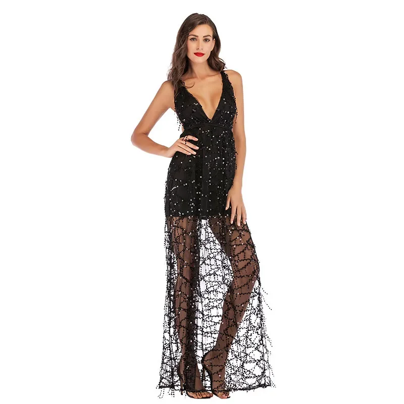 

Sequin suspender sexy backless long dress with deep V-neck tassel floor mop dress