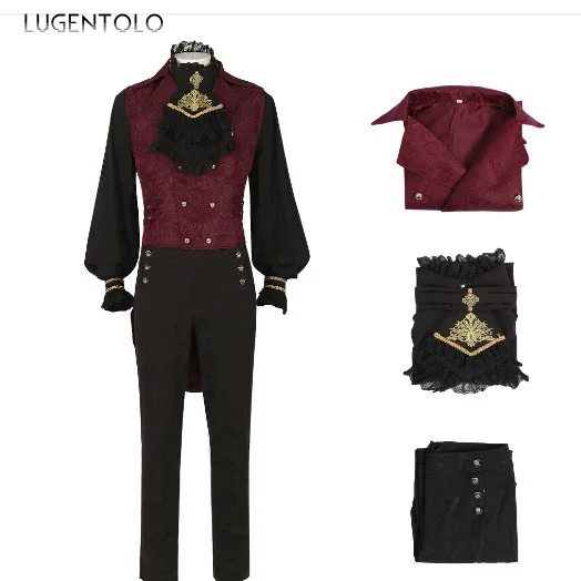 Men Halloween Shirts Embroidered Collar Ruffled Long Sleeve Shirt Pleated Cuffs Jacquard Steampunk Vest Retro Casual Pants