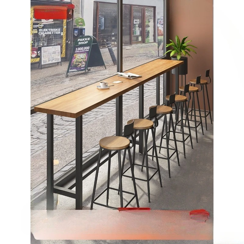 Bar table and chair combination commercial solid wood bar milk tea shop long strip tall household window