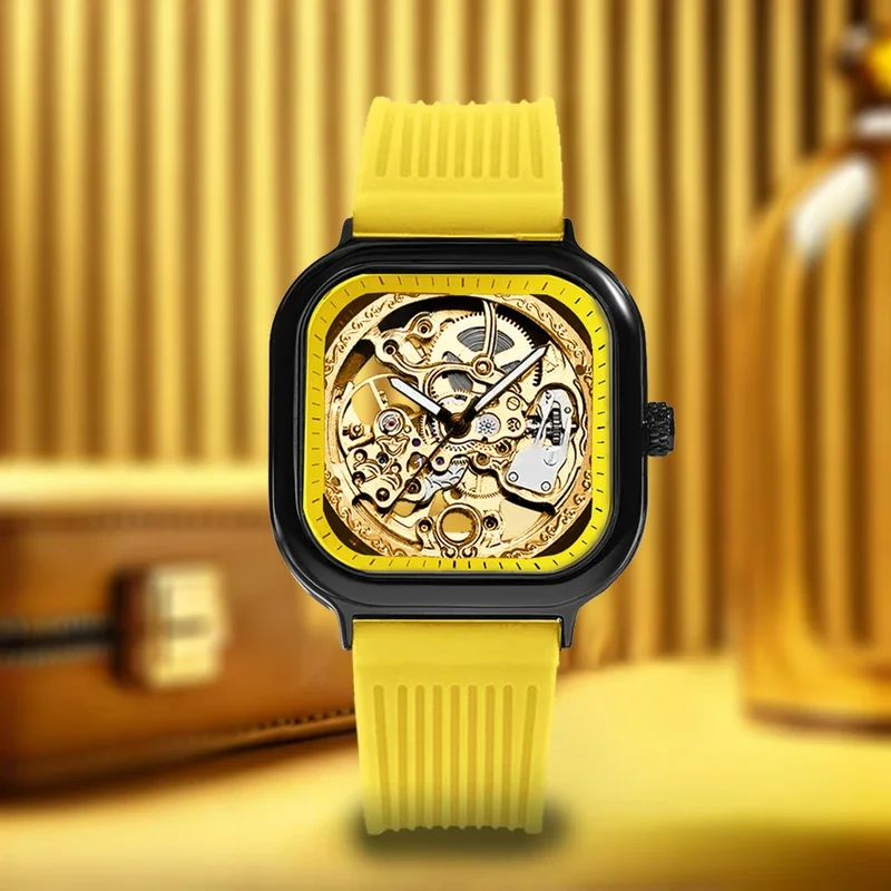 New Men\'s Personalized Design Sports Trend Watch Square Yellow Silicone Strap Fully Automatic Men\'s Mechanical Watch