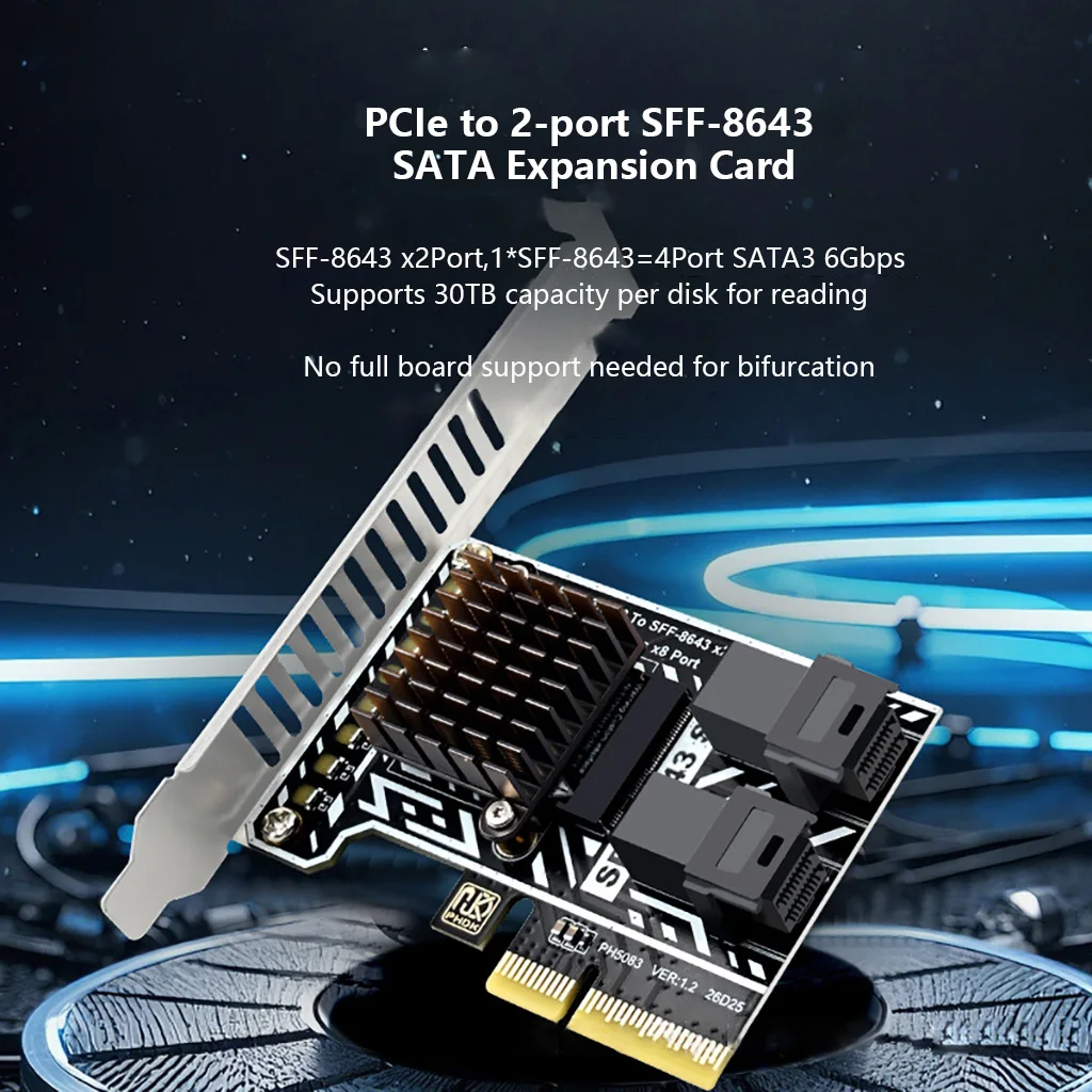 PCIe 3.0 X2 To 2 SFF-8643 SATA Expansion Card 8x SATA3 6Gbps Ports with Aluminum Heat Sink Full/Half Baffle For ITX ATX Chassis