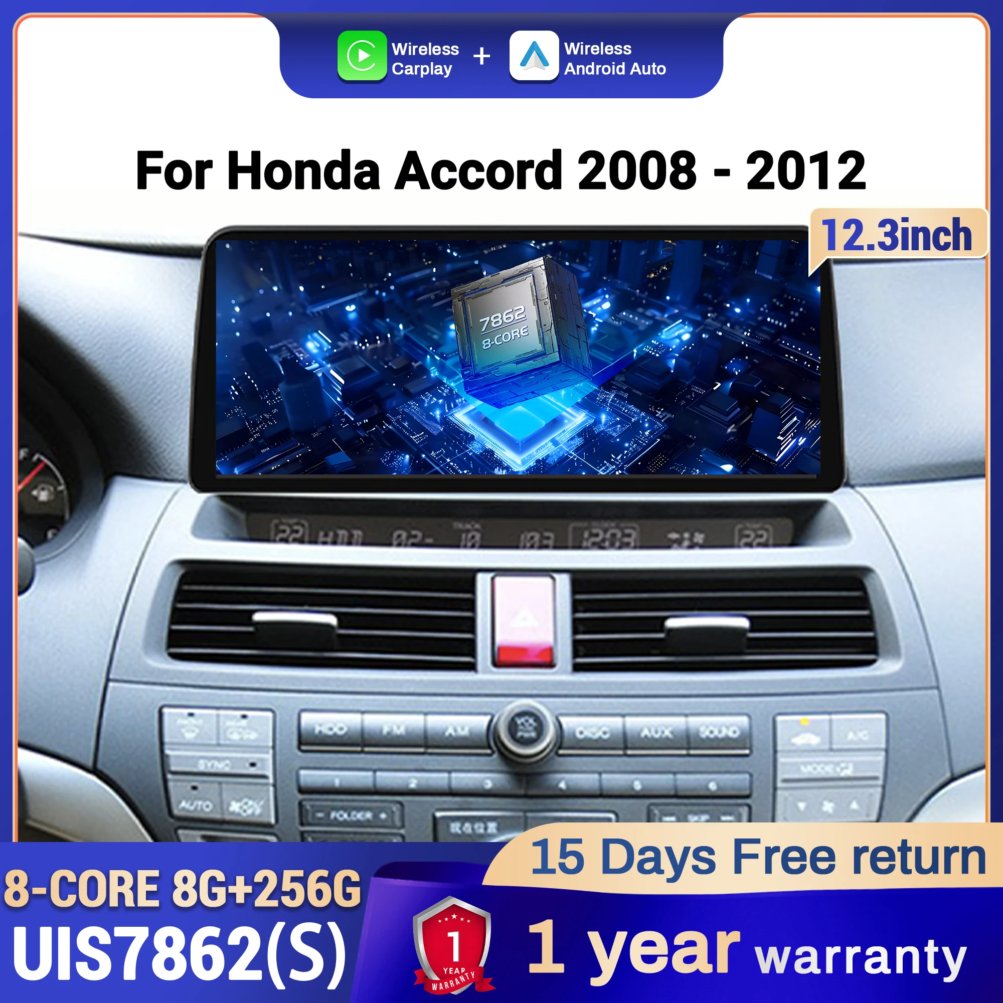 12.3 inch Android 14 For Honda Accord 2008-2010 2011 2012 Car Radio Multimedia Navigation 4G GPS Wireless CarPlay Touch Screen